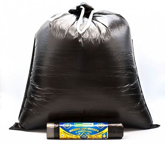 Пакеты для мусора с завязками 60 л, 18 мкм, 10 штук, ПНД, для среднетяжелого мусора прямое дно + ленты для затягивания, черные - Вид 2
